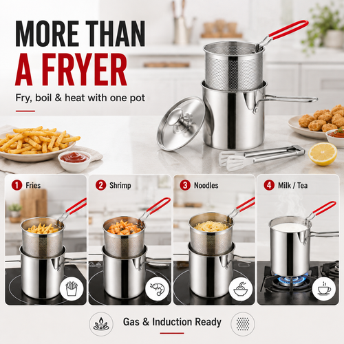 🔥304 Stainless Steel Deep Fryer Pot with Basket, Lid & Tongs