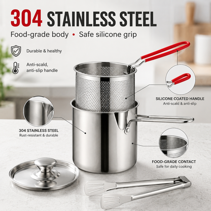 🔥304 Stainless Steel Deep Fryer Pot with Basket, Lid & Tongs