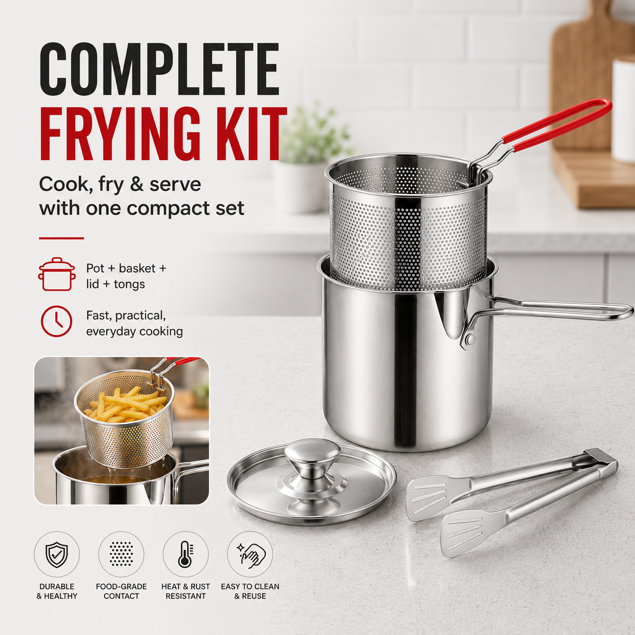 🔥304 Stainless Steel Deep Fryer Pot with Basket, Lid & Tongs
