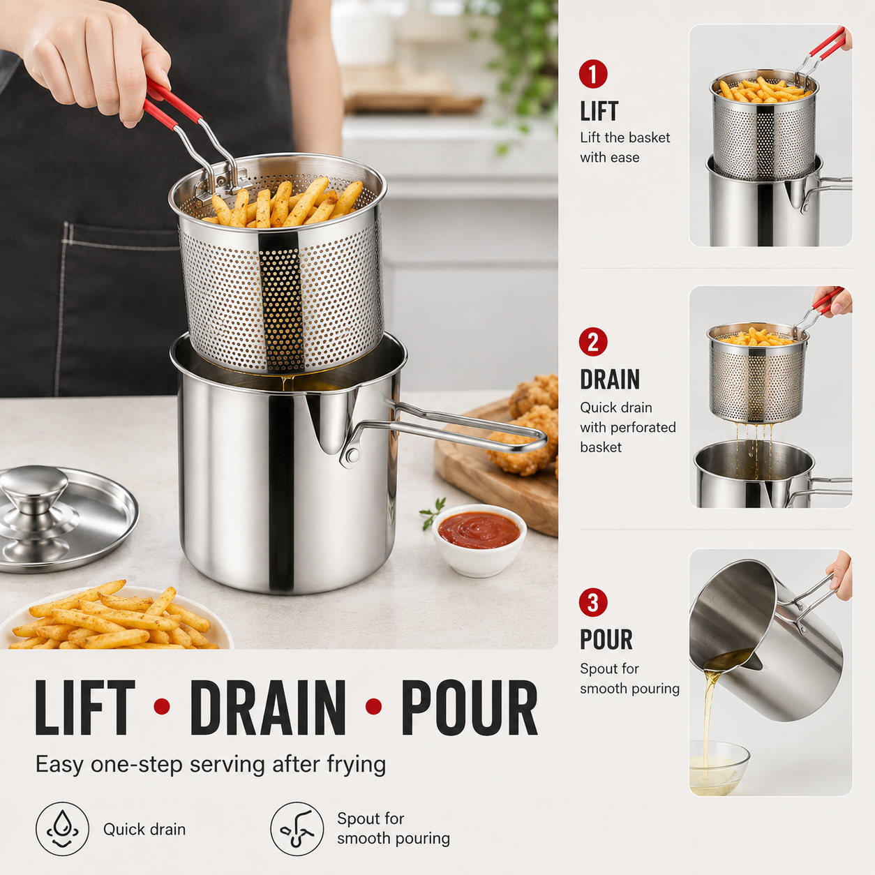 🔥304 Stainless Steel Deep Fryer Pot with Basket, Lid & Tongs