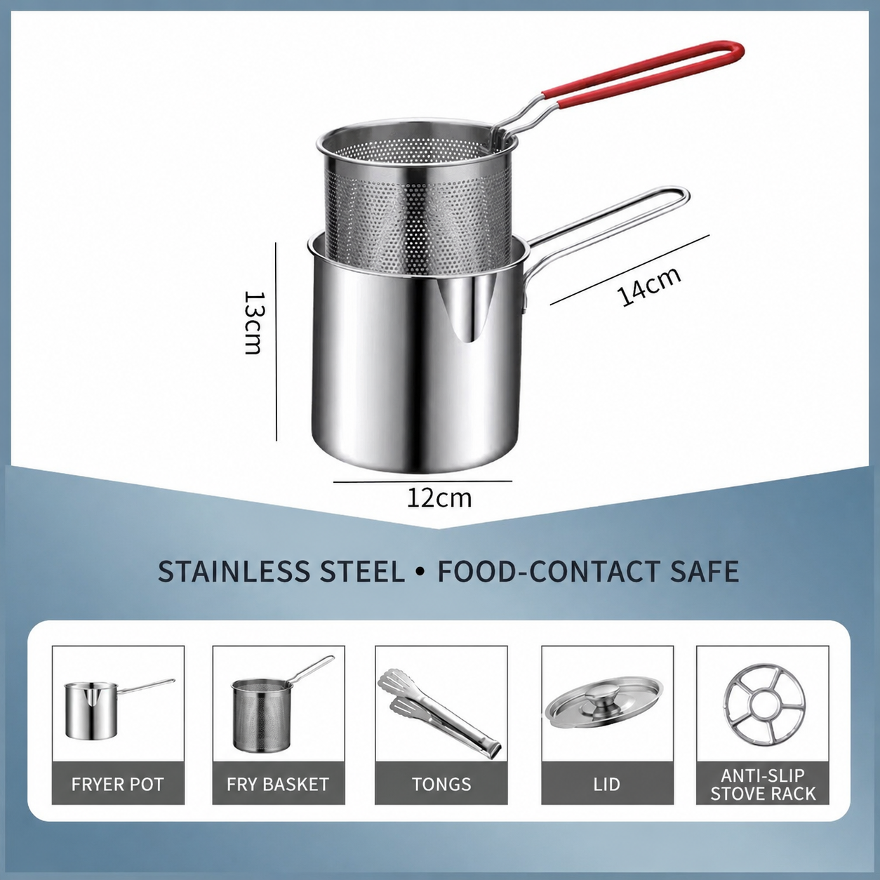 🔥304 Stainless Steel Deep Fryer Pot with Basket, Lid & Tongs