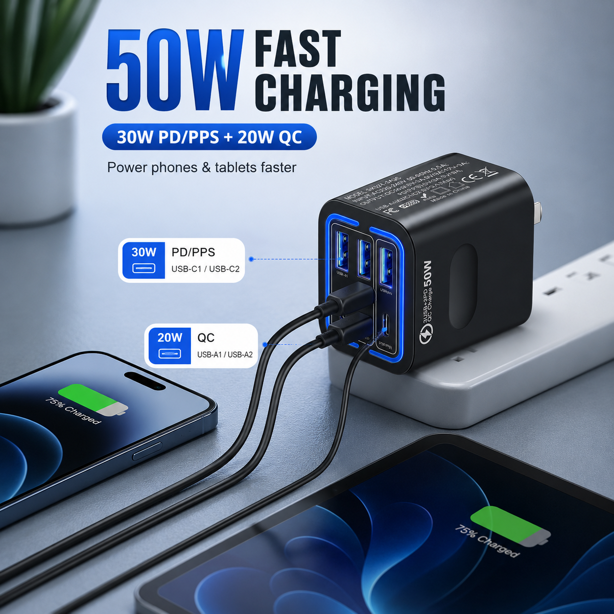 ⚡50W 6-Port USB C Fast Charger | 30W PD/PPS + 20W QC