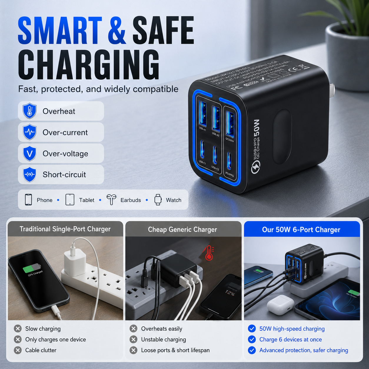 ⚡50W 6-Port USB C Fast Charger | 30W PD/PPS + 20W QC