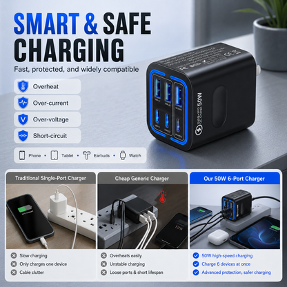 ⚡50W 6-Port USB C Fast Charger | 30W PD/PPS + 20W QC
