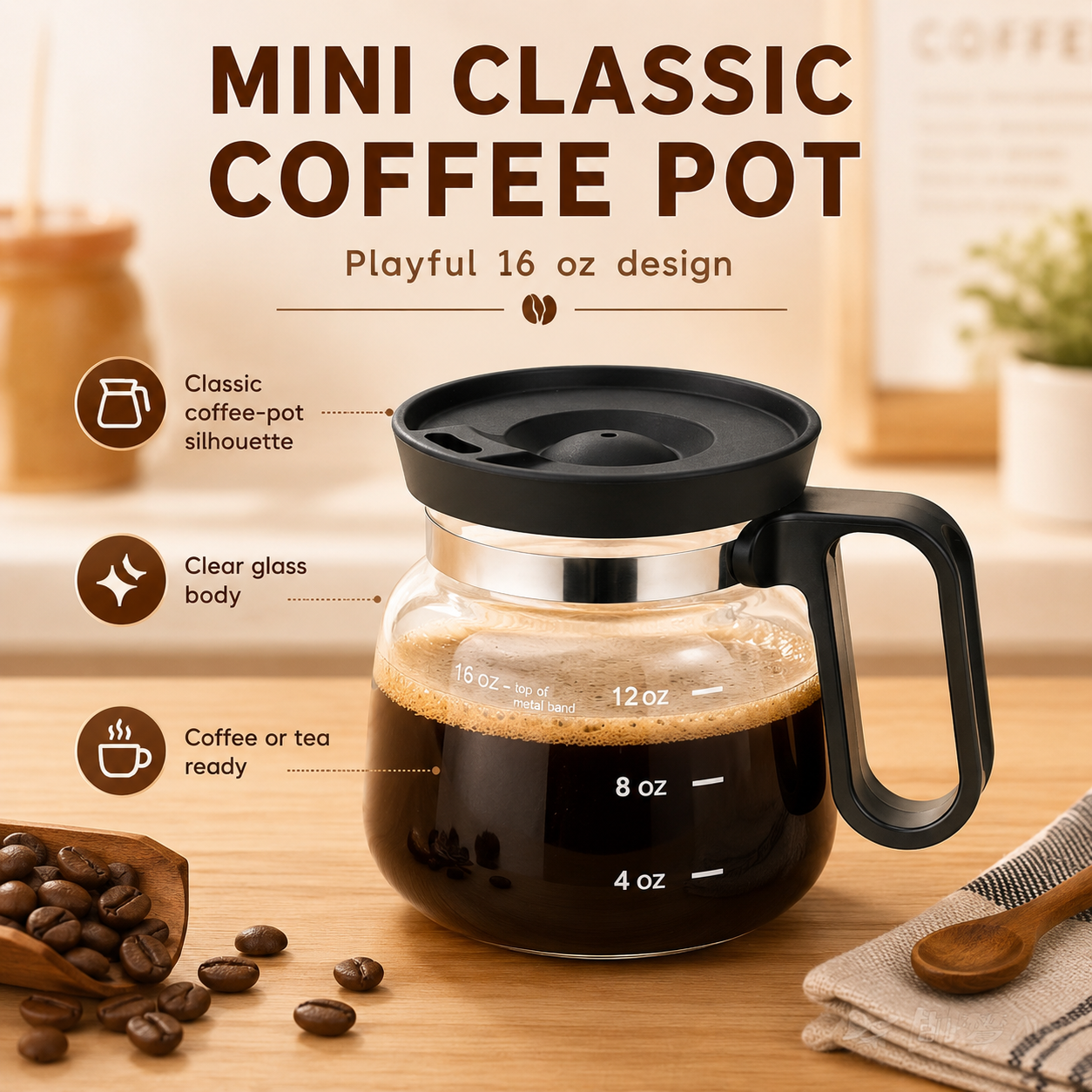 ☕16 oz Mini Coffee Pot Glass Mug with Spill-Resistant Lid