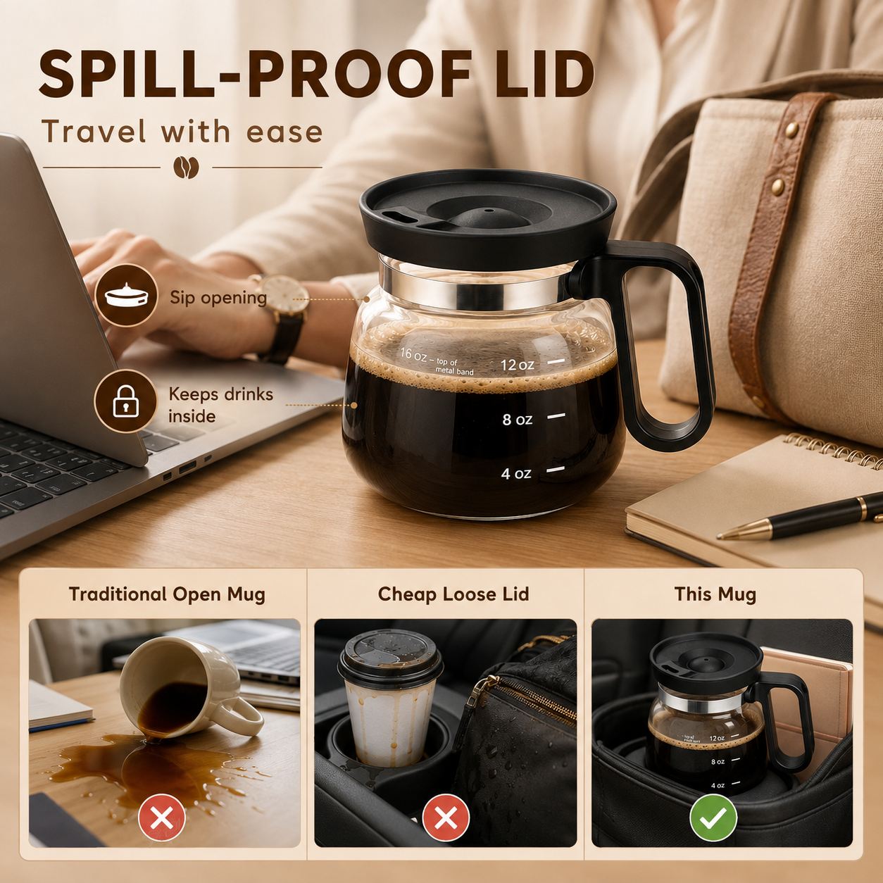 ☕16 oz Mini Coffee Pot Glass Mug with Spill-Resistant Lid