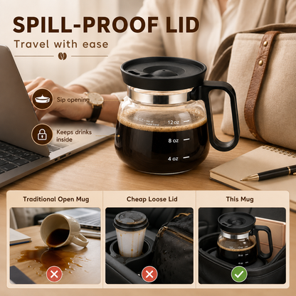 ☕16 oz Mini Coffee Pot Glass Mug with Spill-Resistant Lid