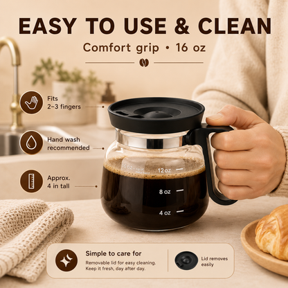 ☕16 oz Mini Coffee Pot Glass Mug with Spill-Resistant Lid