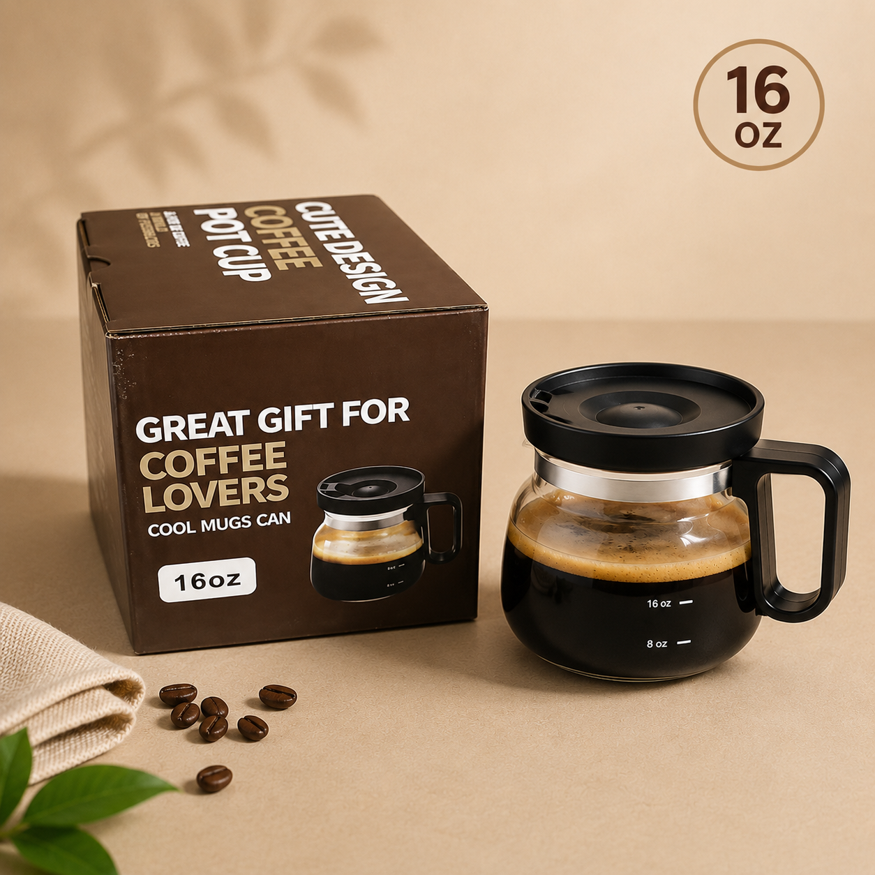 ☕16 oz Mini Coffee Pot Glass Mug with Spill-Resistant Lid