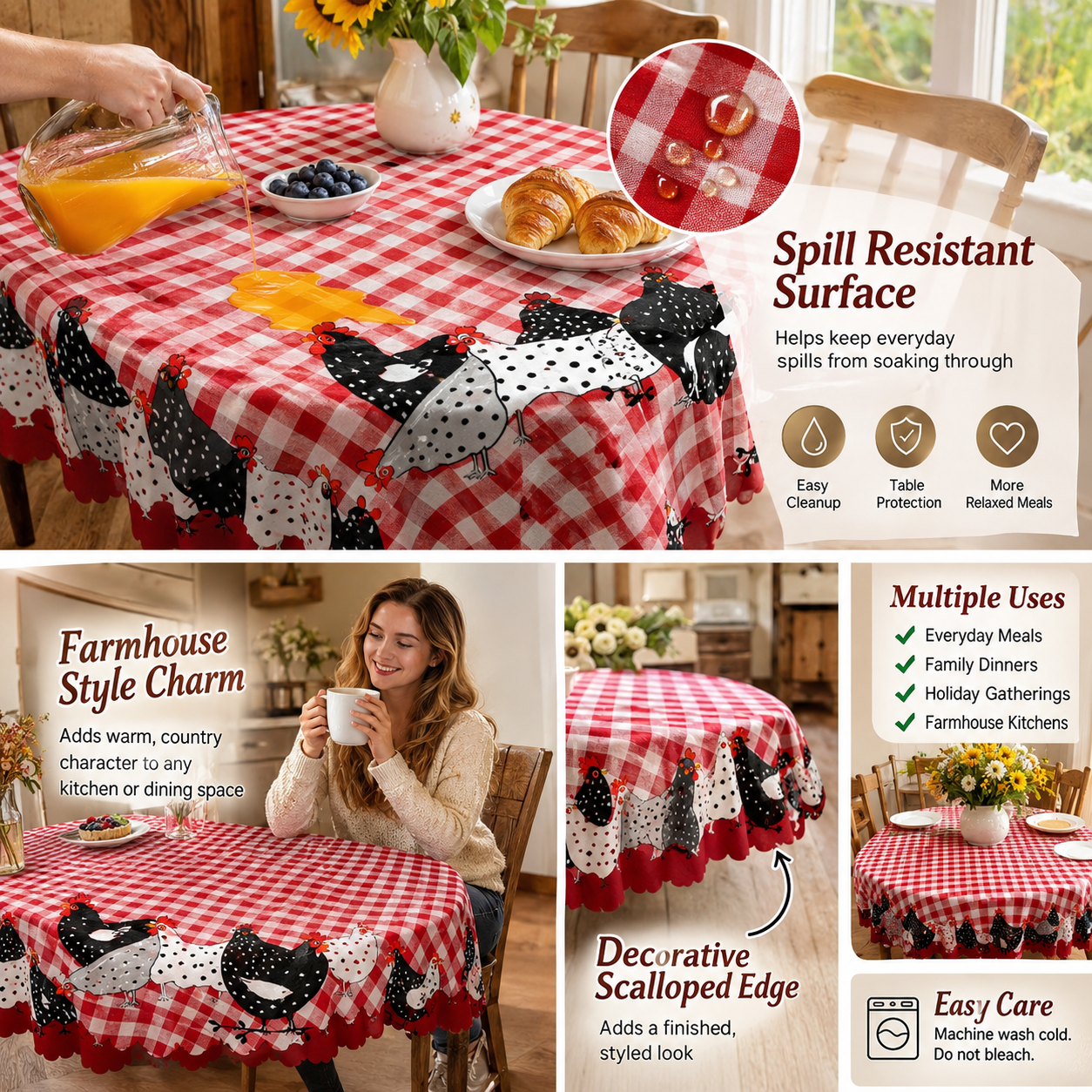 🐓❤️Farmhouse Rooster Tablecloth | Red Buffalo Plaid Chicken Table Cover