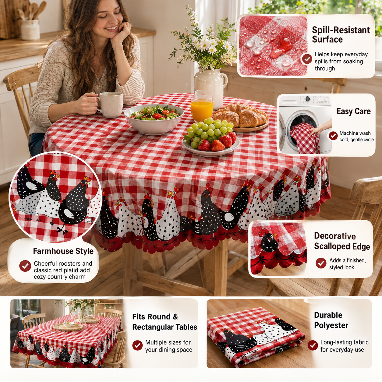 🐓❤️Farmhouse Rooster Tablecloth | Red Buffalo Plaid Chicken Table Cover