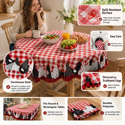 🐓❤️Farmhouse Rooster Tablecloth | Red Buffalo Plaid Chicken Table Cover