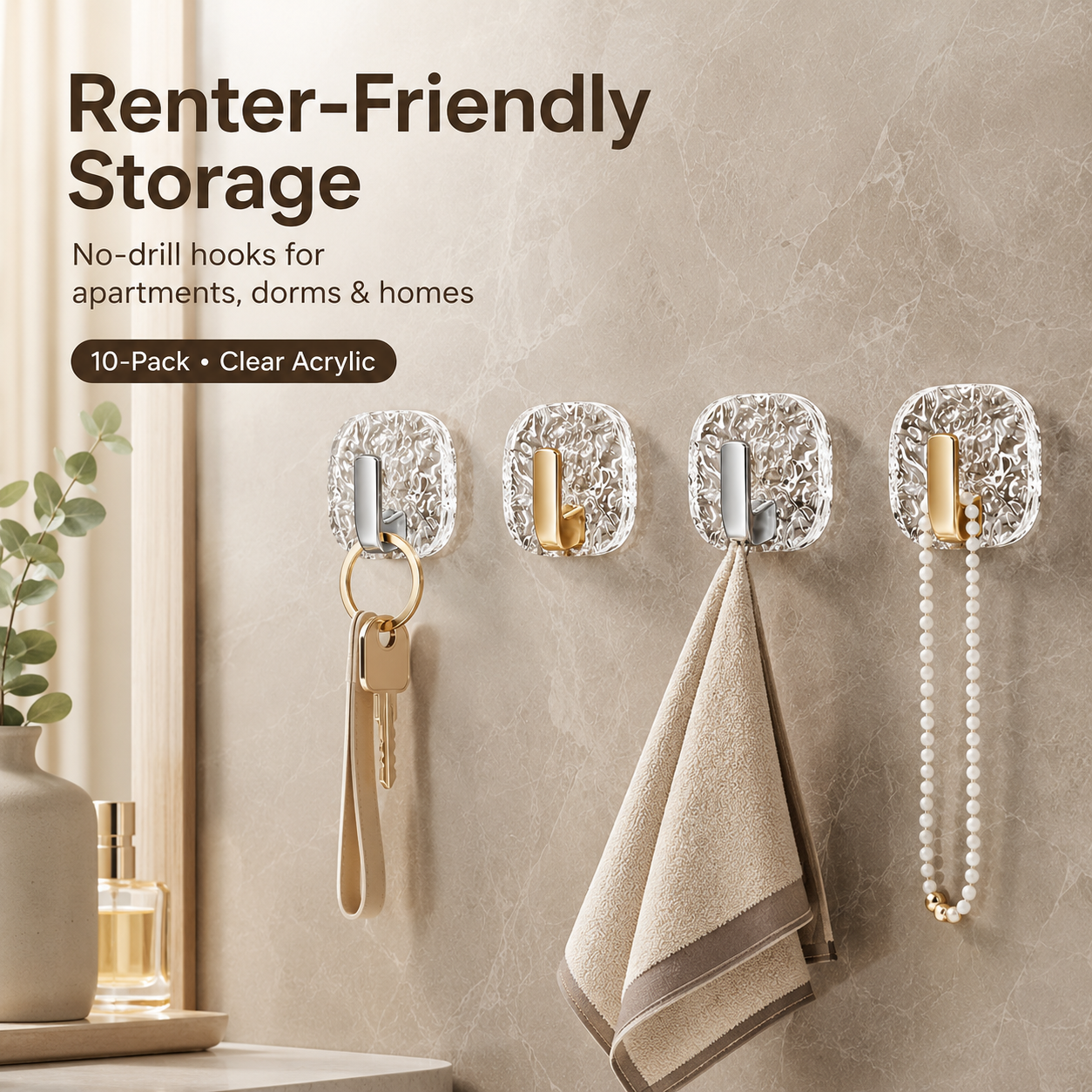 10-Pack Clear Acrylic Adhesive Wall Hooks | No Drill Storage Hooks