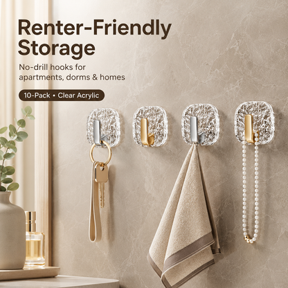 10-Pack Clear Acrylic Adhesive Wall Hooks | No Drill Storage Hooks