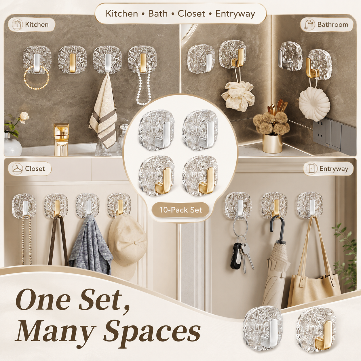 10-Pack Clear Acrylic Adhesive Wall Hooks | No Drill Storage Hooks