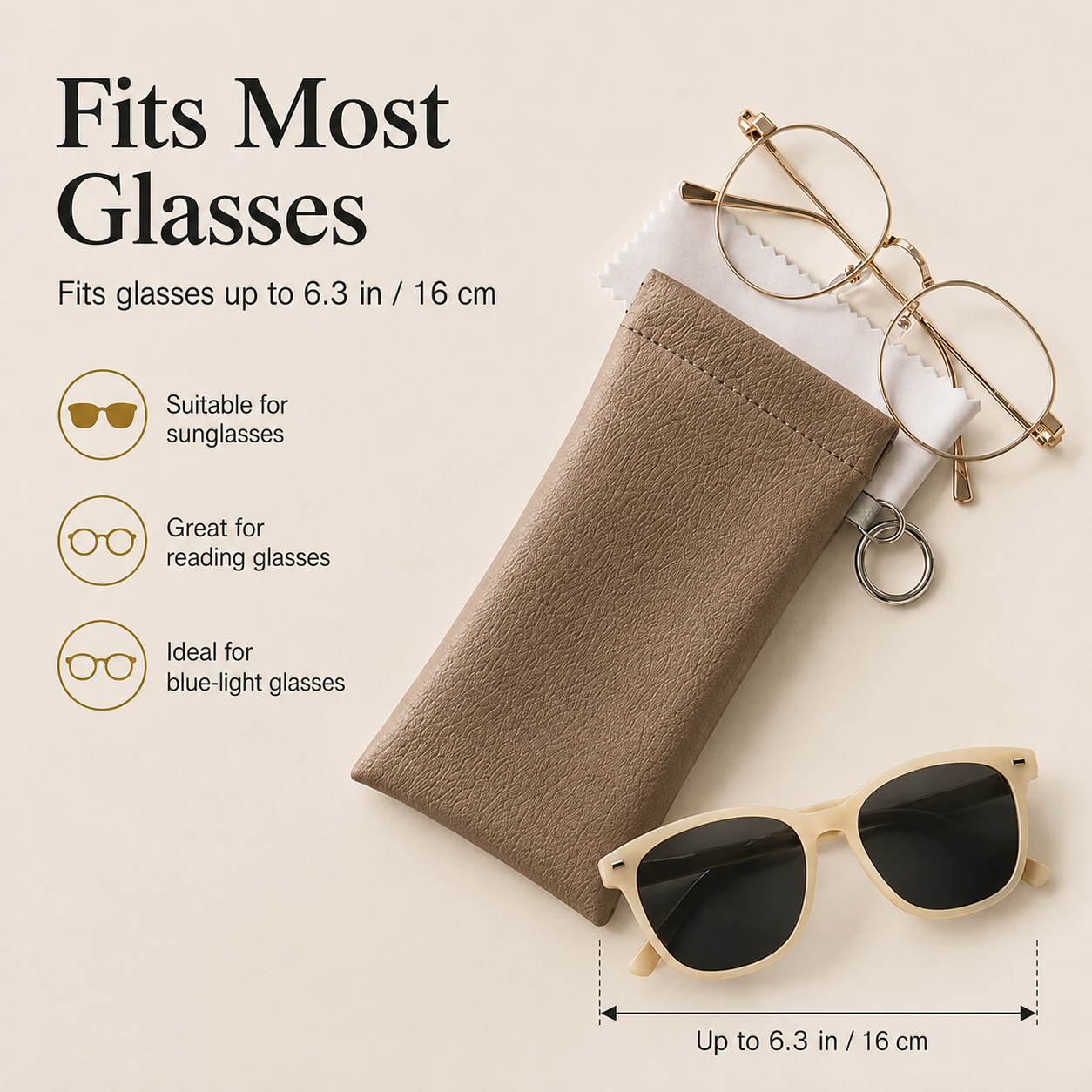 🕶️ Soft PU Leather Eyeglasses Pouch with Cleaning Cloth & Key Ring