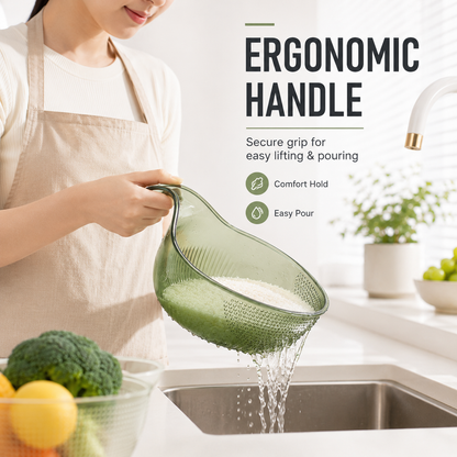 🥬Rice Washer With Handle | Fast Draining Strainer Bowl