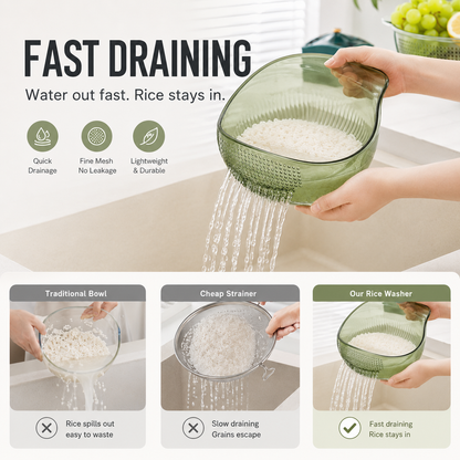 🥬Rice Washer With Handle | Fast Draining Strainer Bowl
