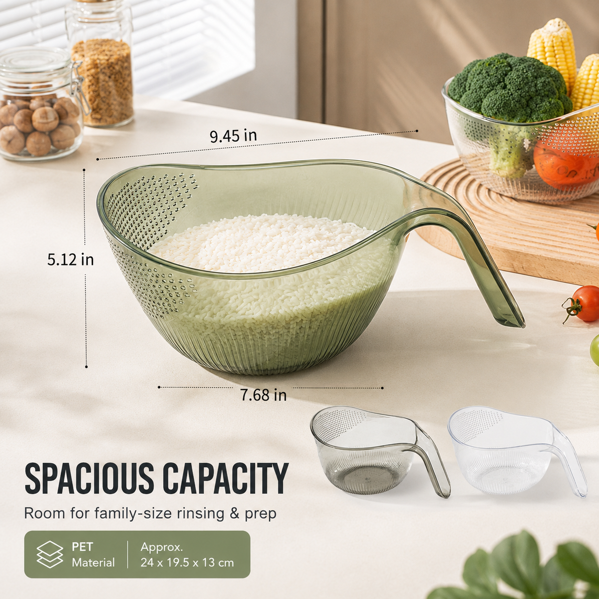 🥬Rice Washer With Handle | Fast Draining Strainer Bowl