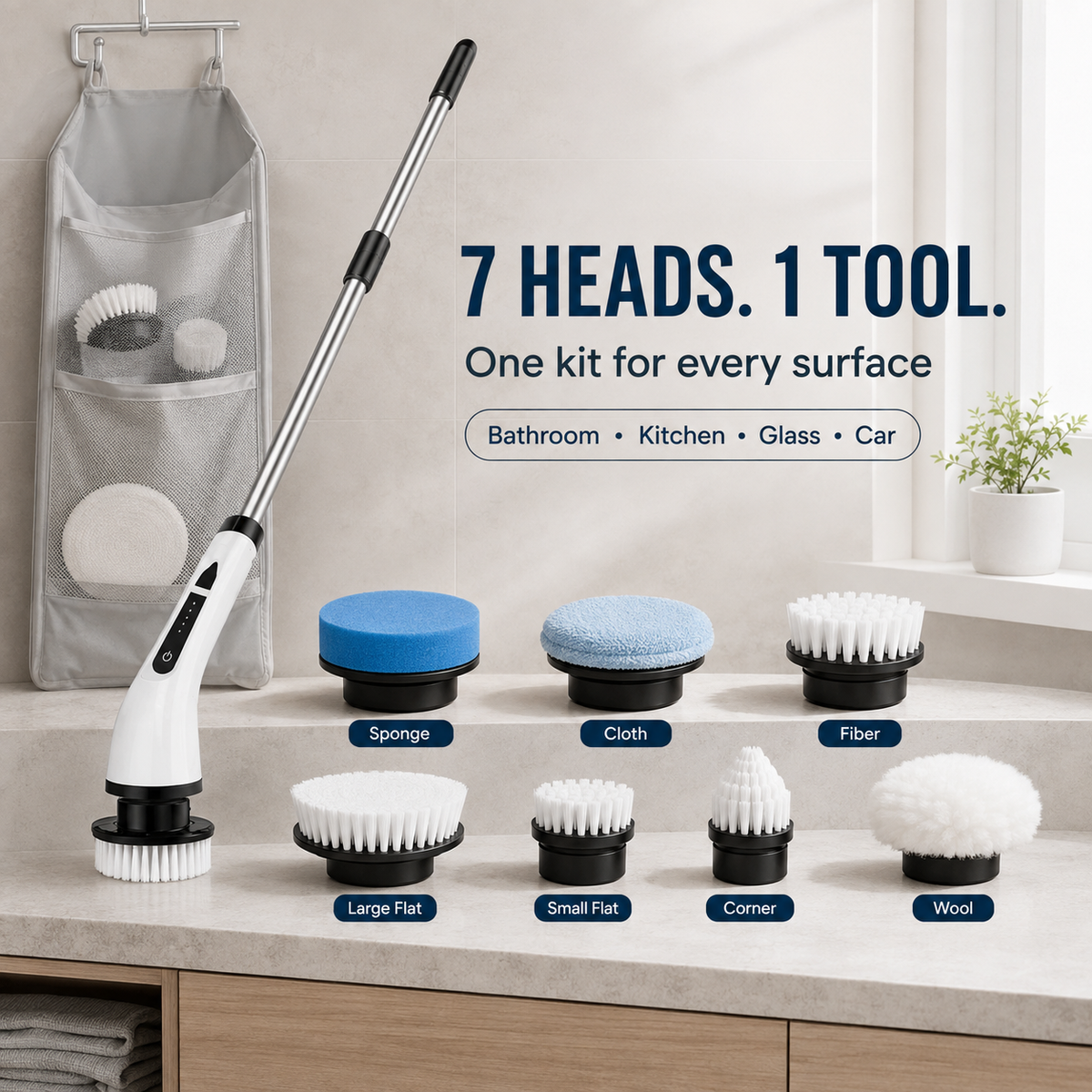 Cordless Electric Spin Scrubber | 54-In Reach & 7 Heads