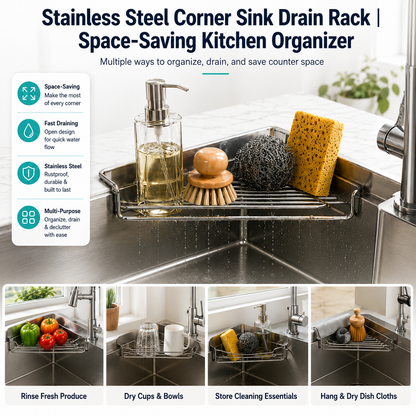✨ Stainless Steel Corner Sink Drain Rack | Space-Saving Kitchen Organizer