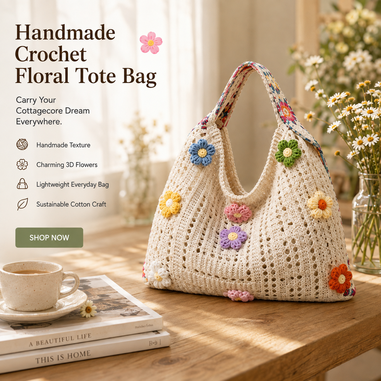 👛Handmade Crochet Floral Aesthetic Tote Bag