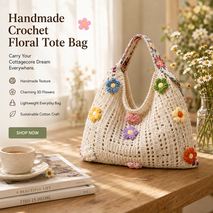 👛Handmade Crochet Floral Aesthetic Tote Bag