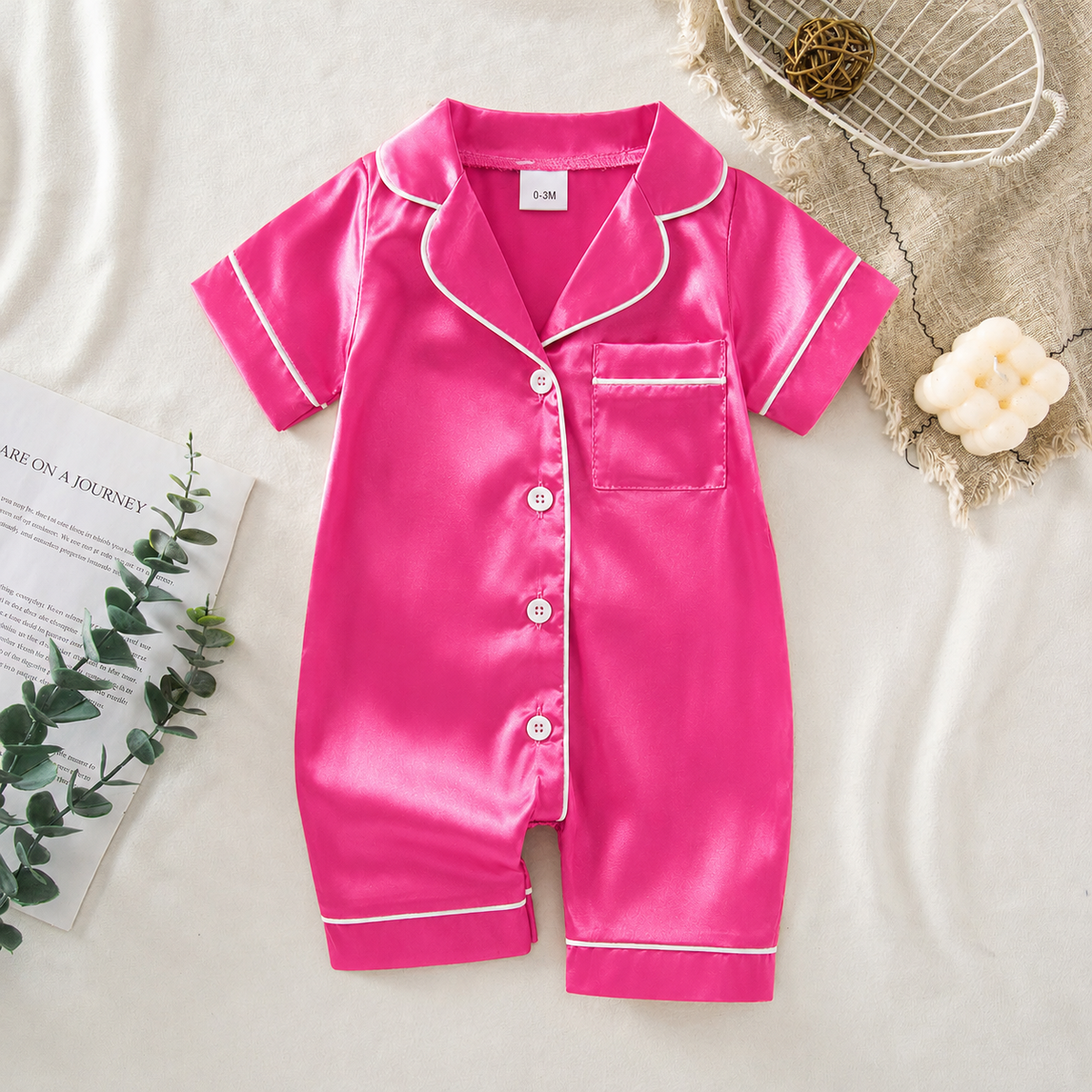 Hot pink soft satin baby jumpsuit pajamas with white piping