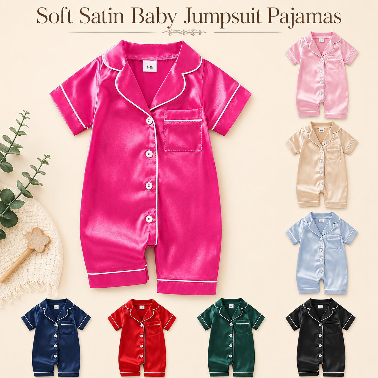 Soft satin baby jumpsuit pajamas displayed in multiple colors