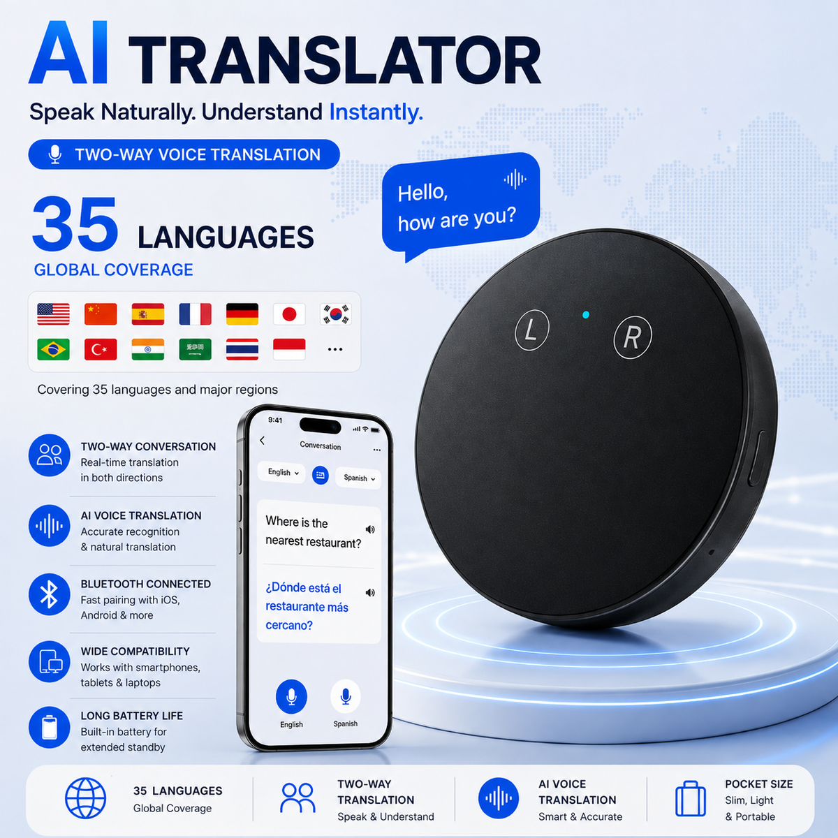 AI Pocket Translator – Real-Time Two-Way Voice Translation in 35+ Languages
