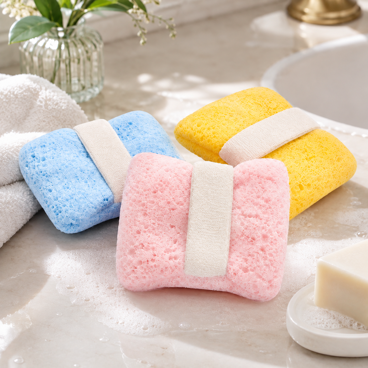 2-Pack Quick-Foaming Soap Pocket Bath Sponges with Easy-Grip Hand Straps
