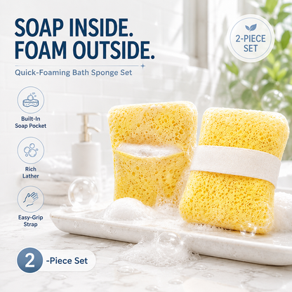 2-Pack Quick-Foaming Soap Pocket Bath Sponges with Easy-Grip Hand Straps