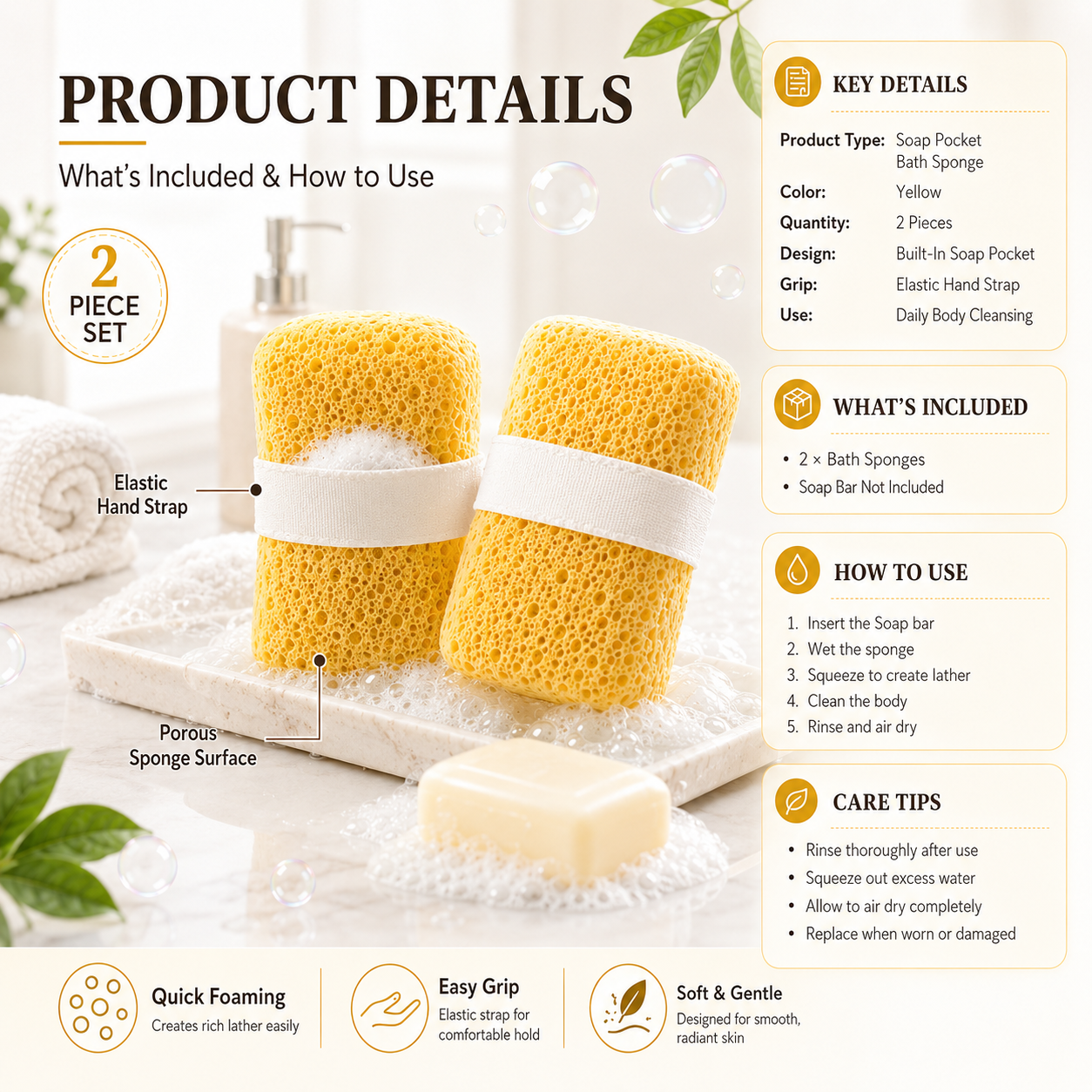 2-Pack Quick-Foaming Soap Pocket Bath Sponges with Easy-Grip Hand Straps