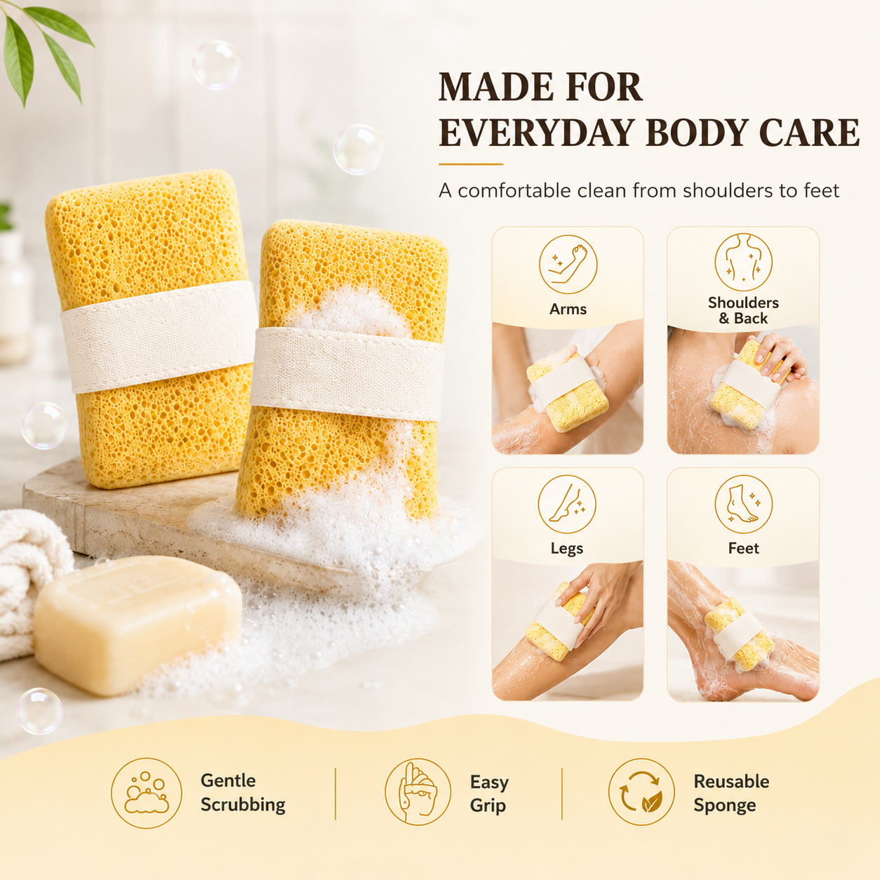 2-Pack Quick-Foaming Soap Pocket Bath Sponges with Easy-Grip Hand Straps