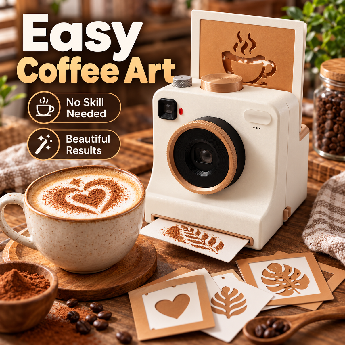 ☕📸 Camera-Shaped Latte Art Stencil Press ✨ Make Café-Style Coffee Art at Home in Seconds