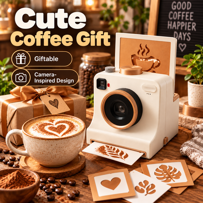 ☕📸 Camera-Shaped Latte Art Stencil Press ✨ Make Café-Style Coffee Art at Home in Seconds