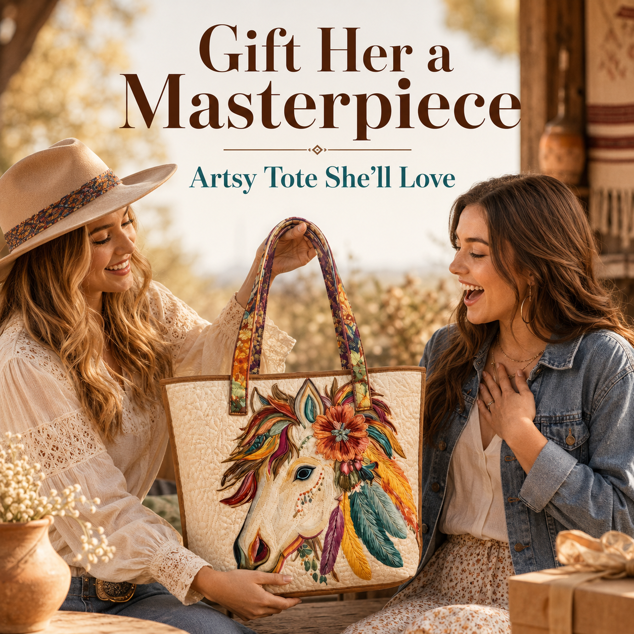 Vintage Boho Floral Horse Quilted Tote Bag👜