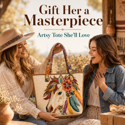 Vintage Boho Floral Horse Quilted Tote Bag👜