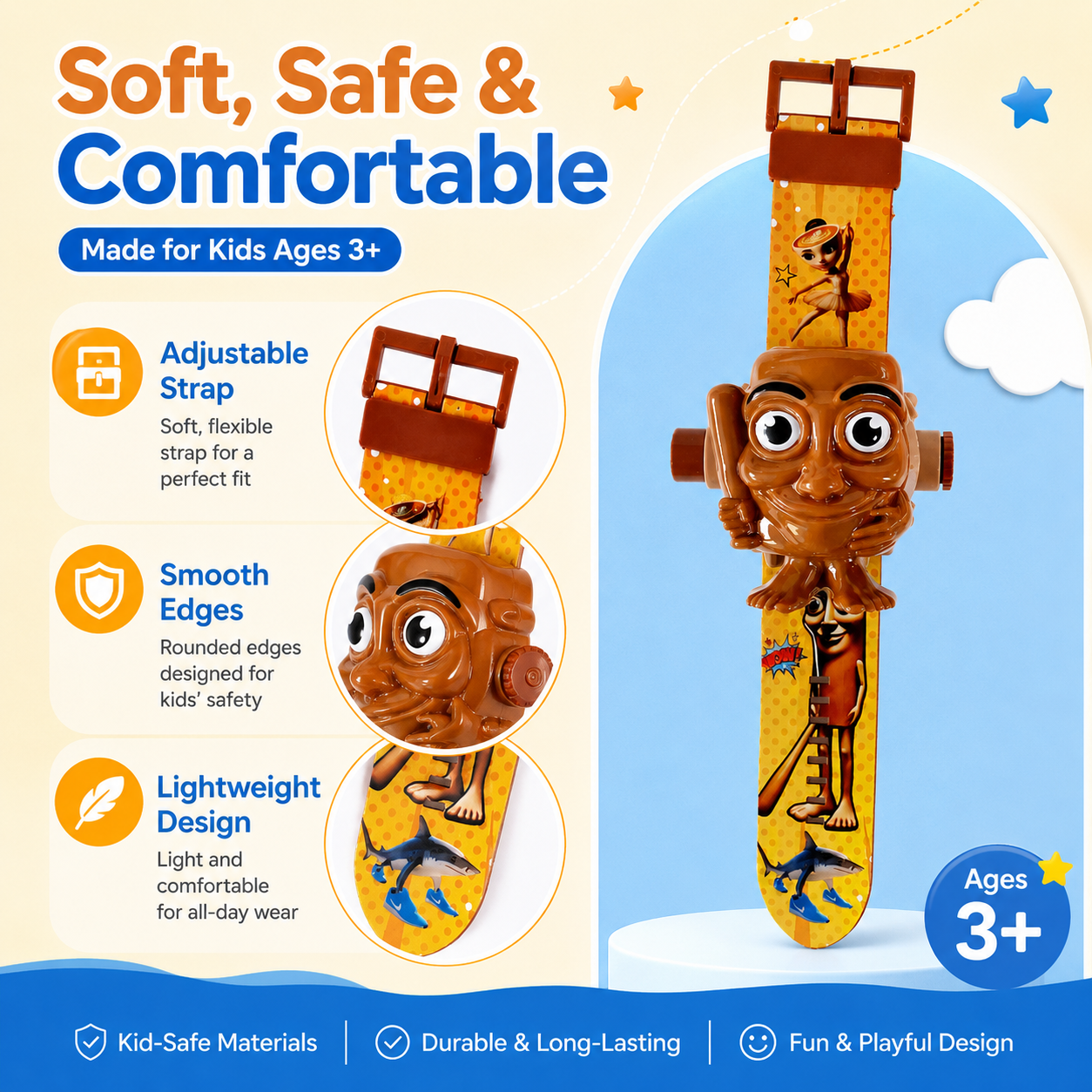 Kids Cartoon Projection Watch, 20+ Animal & Character Images Projector Toy Watch, Safe Soft Strap for Toddlers 3+ Years