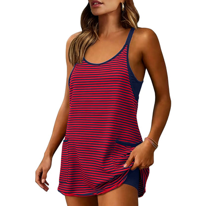 Women's Summer Sleeveless Striped Mini Dress with Built-in Shorts