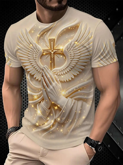 Men's 3D Religious Cross & Angel Wings T-Shirt