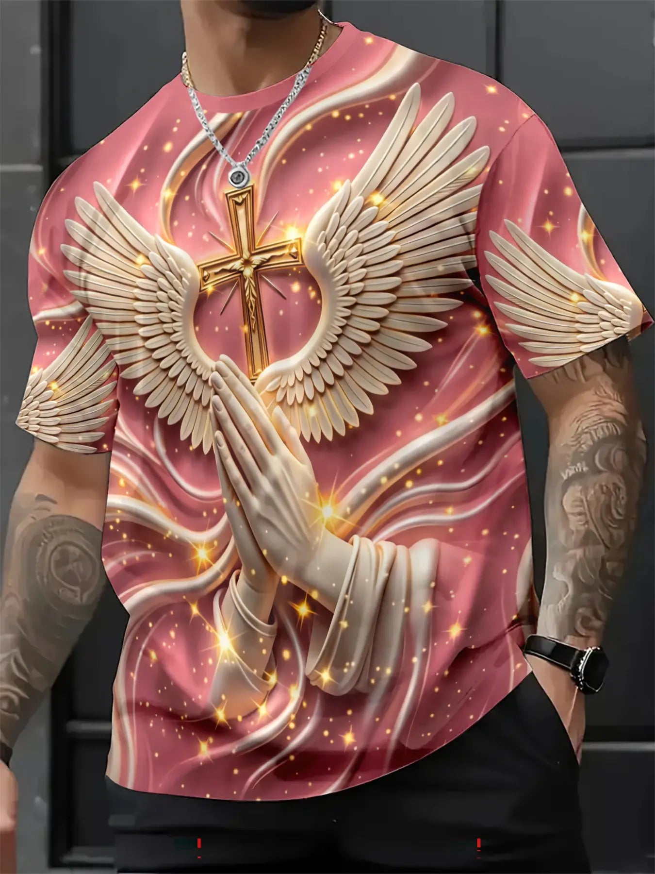 Men's 3D Religious Cross & Angel Wings T-Shirt