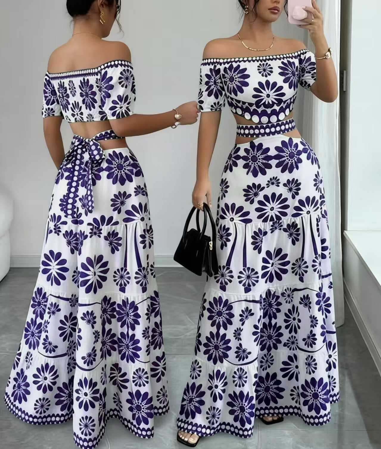 Women's Floral Off-Shoulder Cutout Maxi Dress