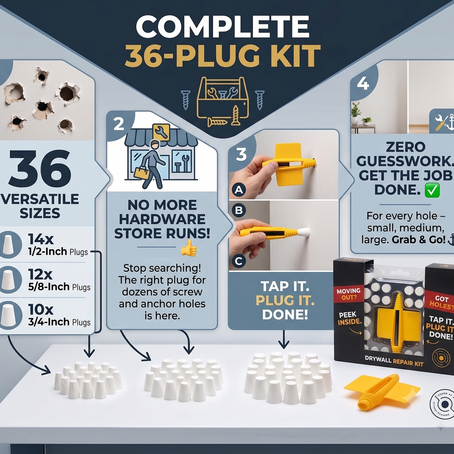 🔨Premium Drywall Repair Plug Kit (36-Pack) | No Sanding, 1-Hour Fix⚡