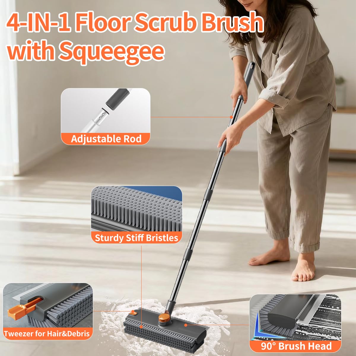 🧹 No-Bend Cleaning | 4-in-1 Adjustable Long Handle Floor Scrub Brush & Squeegee ✨