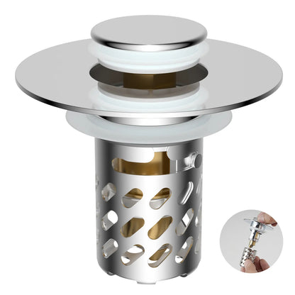 Upgraded 3-in-1 Bathroom Sink Stopper with Removable Stainless Steel Filter Basket