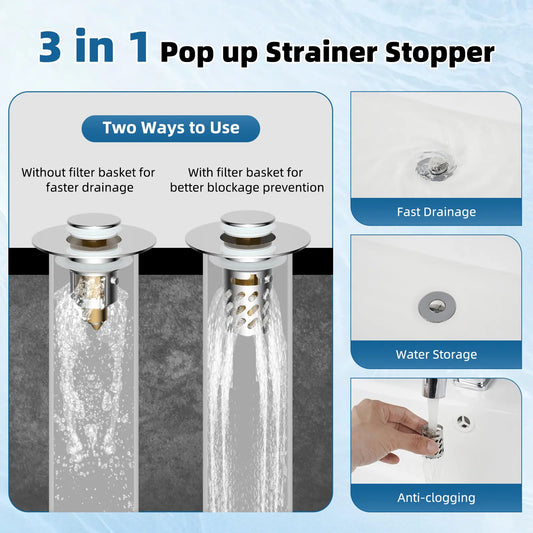Upgraded 3-in-1 Bathroom Sink Stopper with Removable Stainless Steel Filter Basket