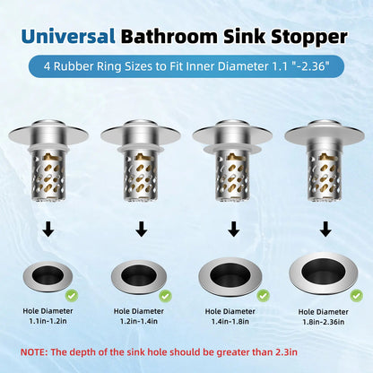 Upgraded 3-in-1 Bathroom Sink Stopper with Removable Stainless Steel Filter Basket