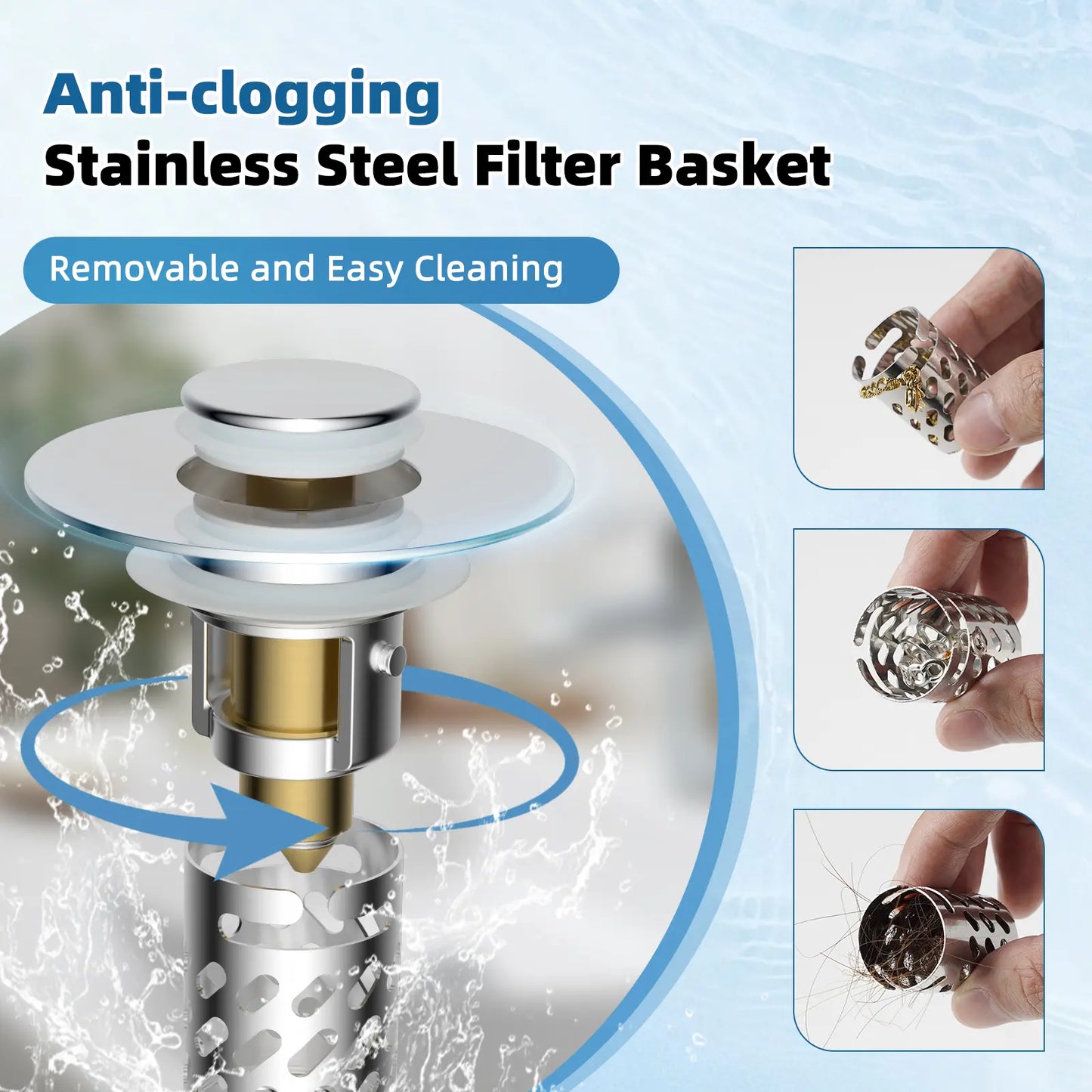 Upgraded 3-in-1 Bathroom Sink Stopper with Removable Stainless Steel Filter Basket