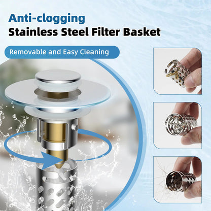 Upgraded 3-in-1 Bathroom Sink Stopper with Removable Stainless Steel Filter Basket